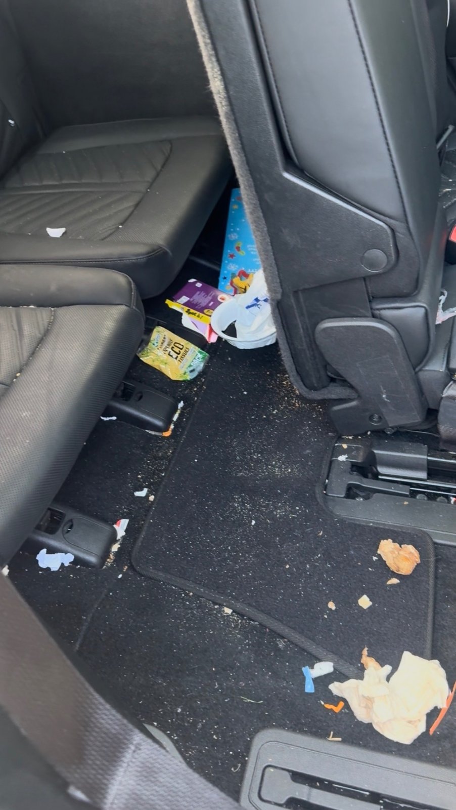 Family car interior detail before and after Rockingham — kids mess cleaned out before